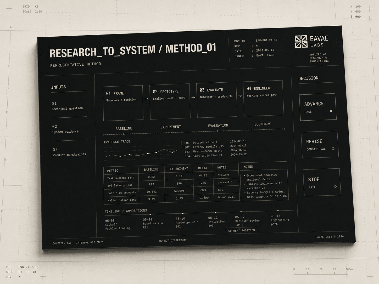 Research-to-system method artifact showing inputs, experiments, evaluation evidence, and an engineering decision.