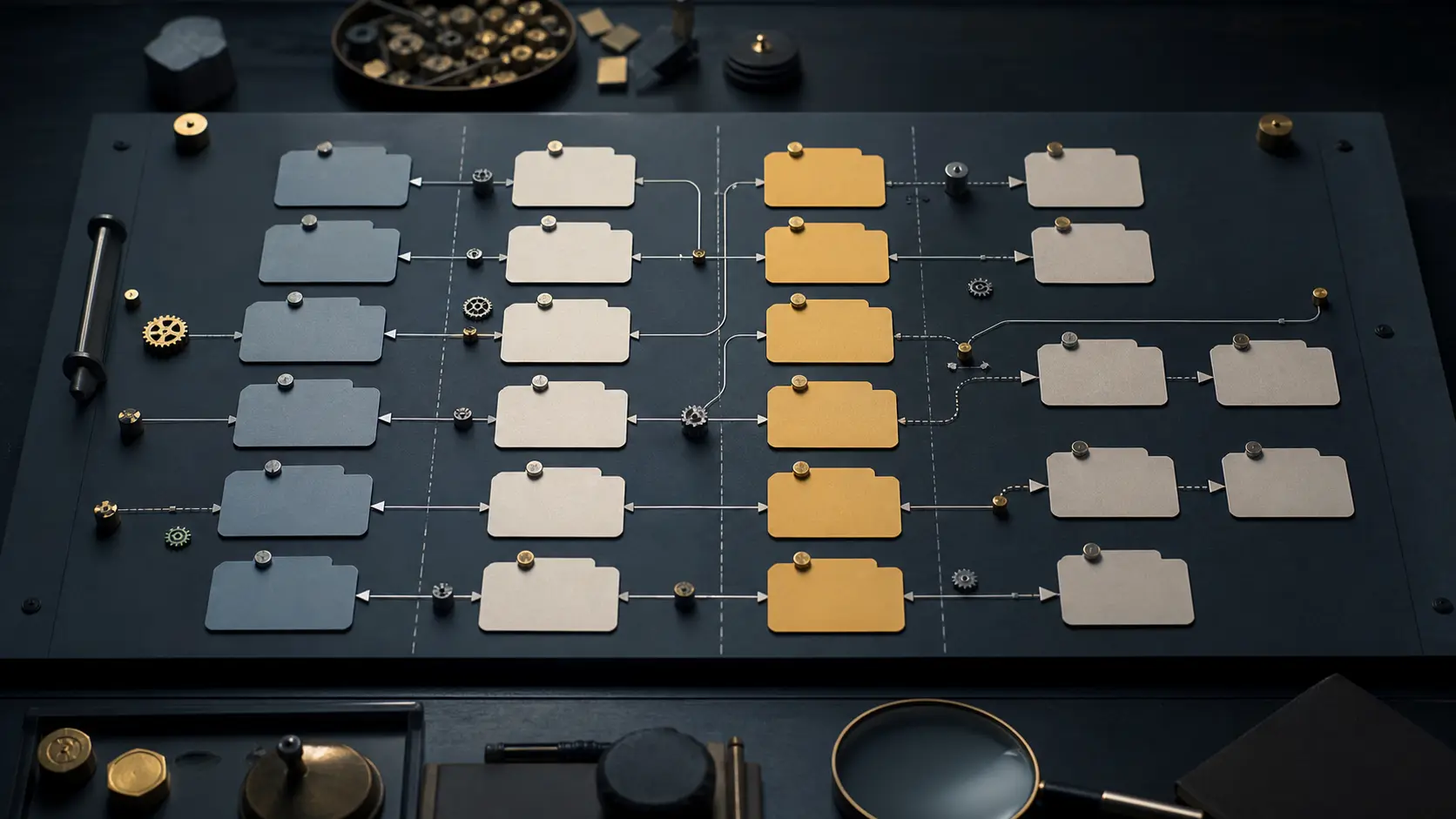 Abstract editorial image of grouped workflow cards connected by thin paths.