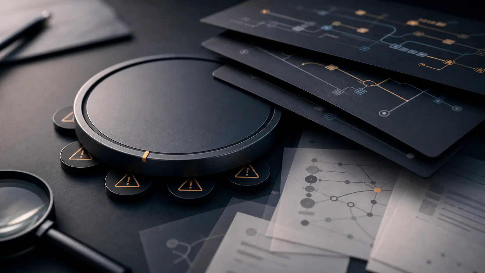 Abstract editorial image of a large aggregate score token obscuring smaller warning markers and trace cards.