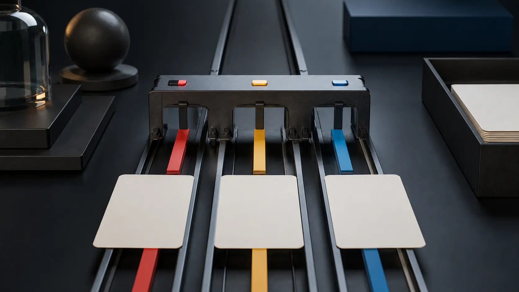 Abstract editorial image of three blank cards passing through a release checkpoint.