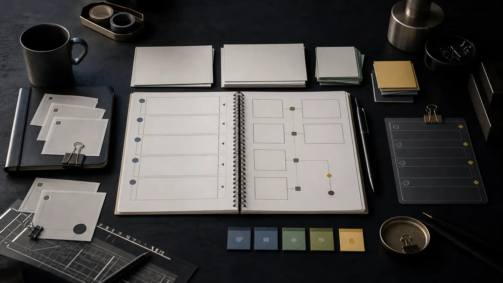Abstract editorial image of an evaluation plan notebook with blank replay rows and decision markers.